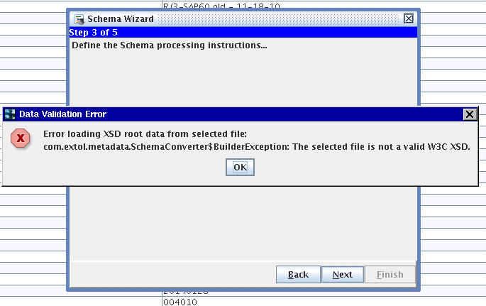 EXTOL Business Integrator XML Schema Wizard XSD/DTD Import Error screenshot